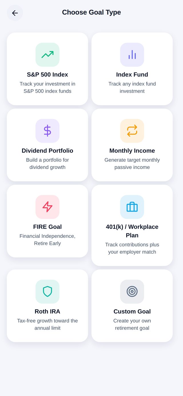Choose Goal Type screen with eight templates: S&P 500 Index, Index Fund, Dividend Portfolio, Monthly Income, FIRE Goal, 401(k) Workplace Plan, Roth IRA and Custom Goal