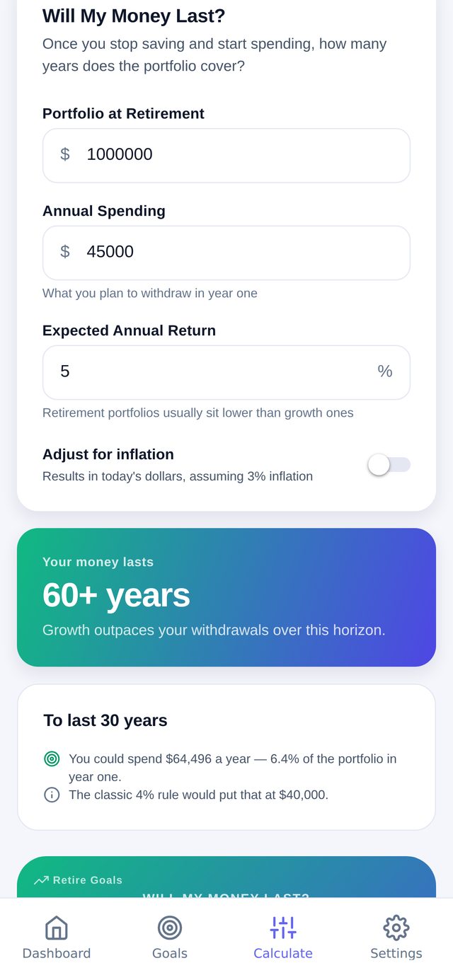 Will My Money Last calculator: a $1,000,000 portfolio spending $45,000 a year lasts 60+ years, with a safe spending figure of $64,496 a year for thirty years